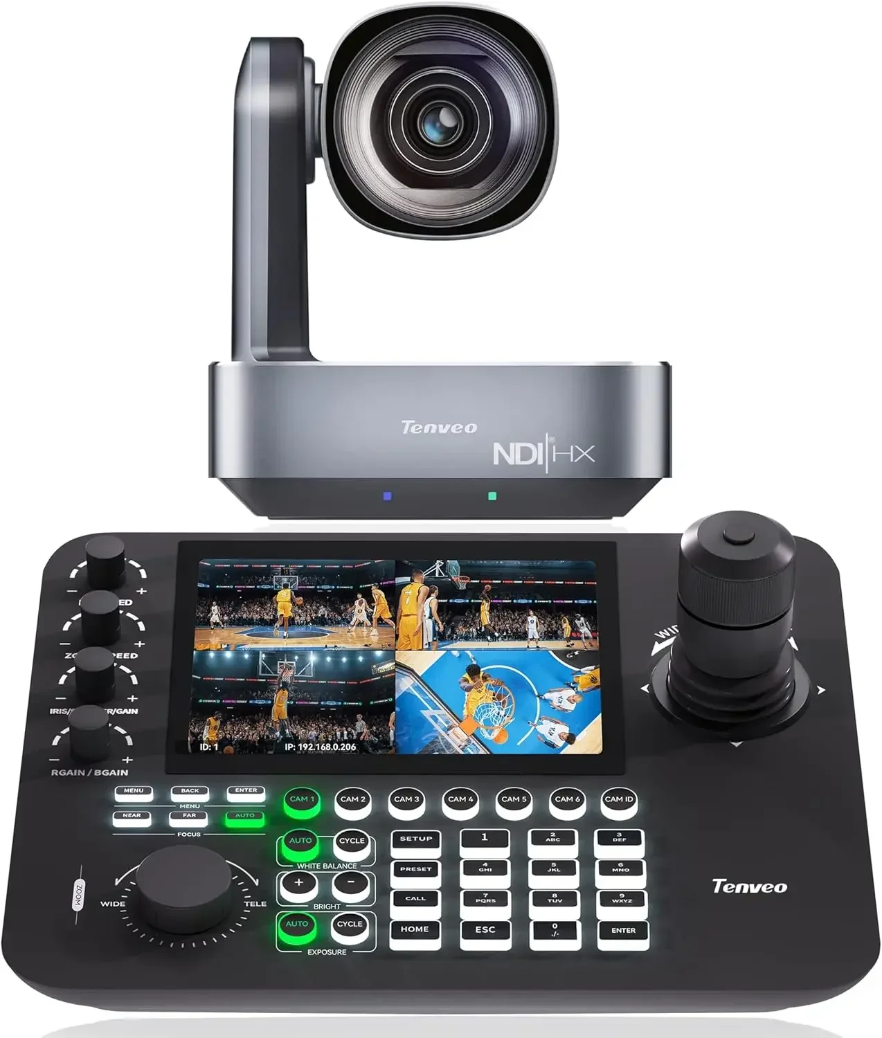 In stockLive Streaming Bundle 4k AI Tracking PTZ Conference Camera with 4-spilt Screen Joystick Controller NDI Conference Soluti
