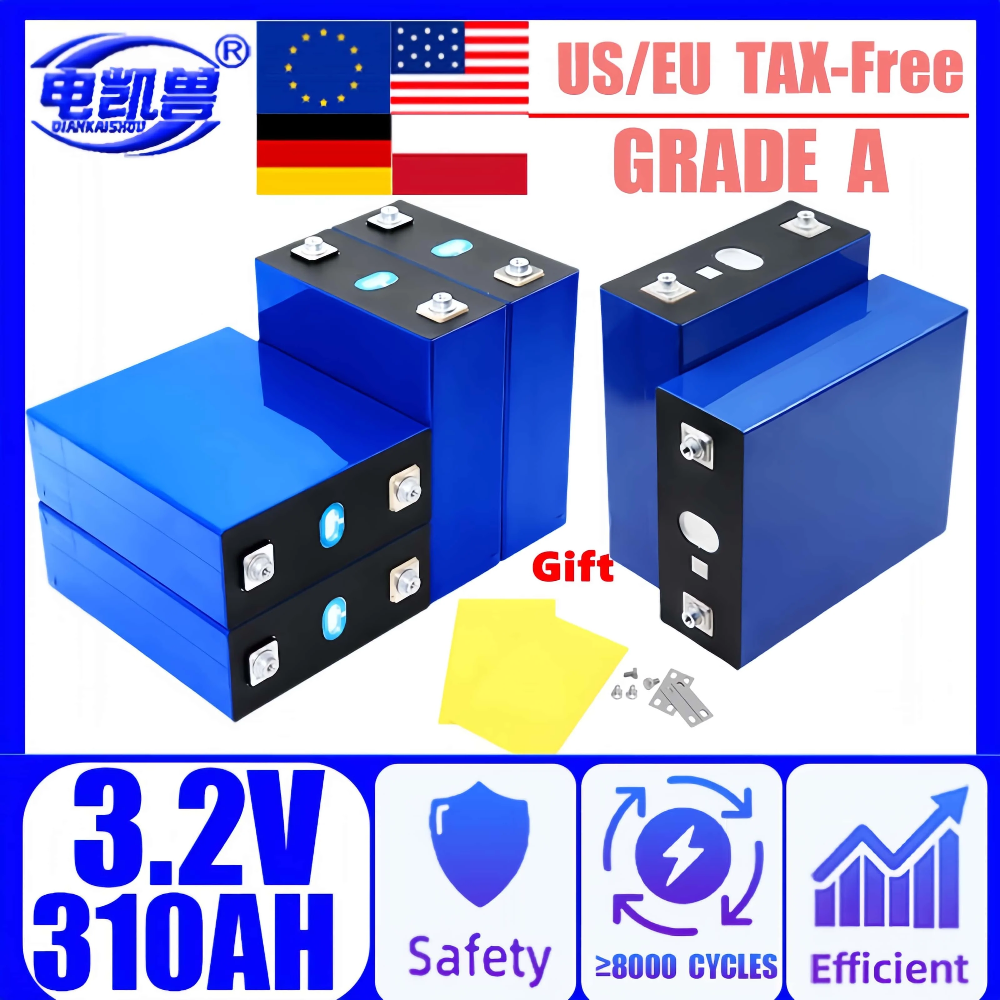 

New Grade A 3.2V 310Ah Lifepo4 Rechargeable Battery Lithium Iron Phosphate for Travel Solar RV Cells12v 24v 48V Tax Free