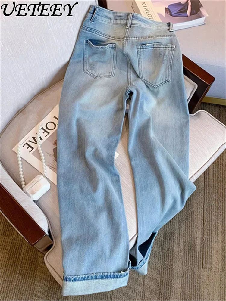 Heavy Embroidery Hot Drilling High Waist Wide Leg Baggy Jeans Women's Narrow Retro Loose Slimming and Straight Denim Pants