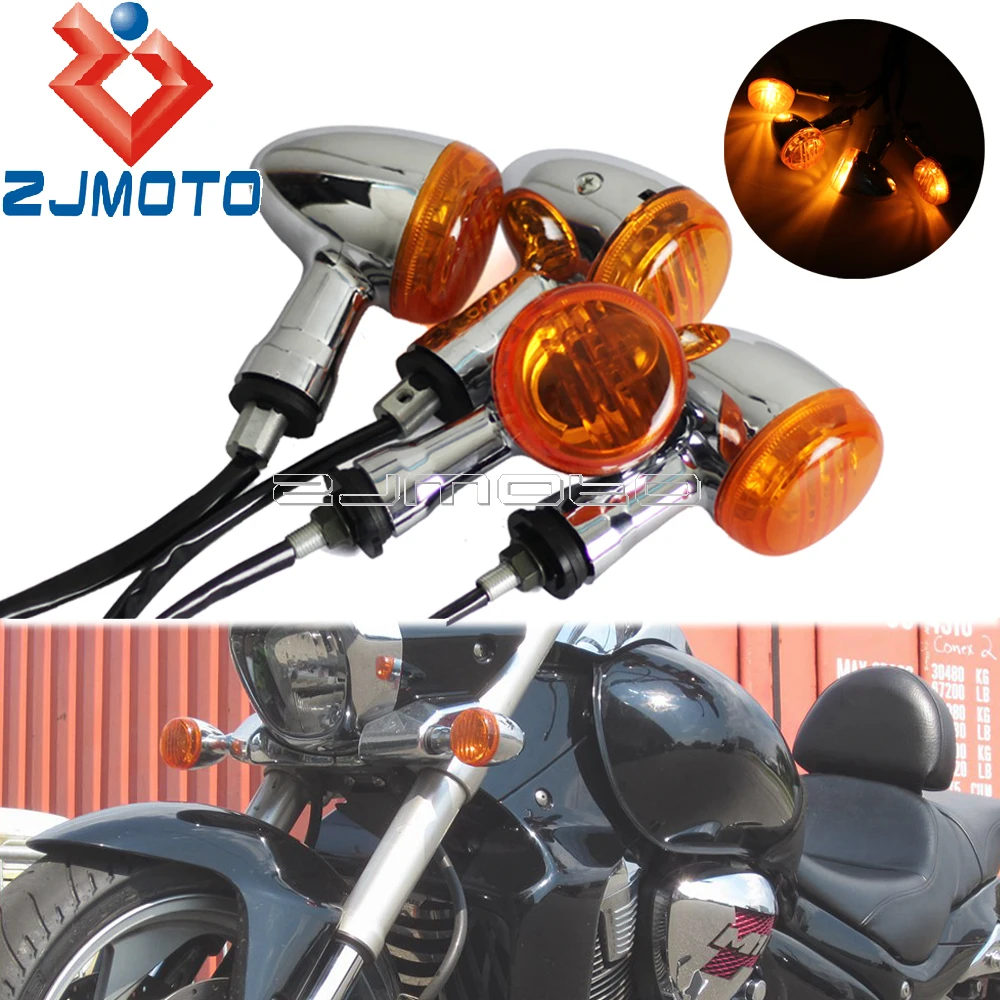 Chrome Motorcycle Amber Front Rear Turn Signal Indicator Light For Suzuki Boulevard M109R VRZ1800 2006-15 12V Turn Blinker Lamp