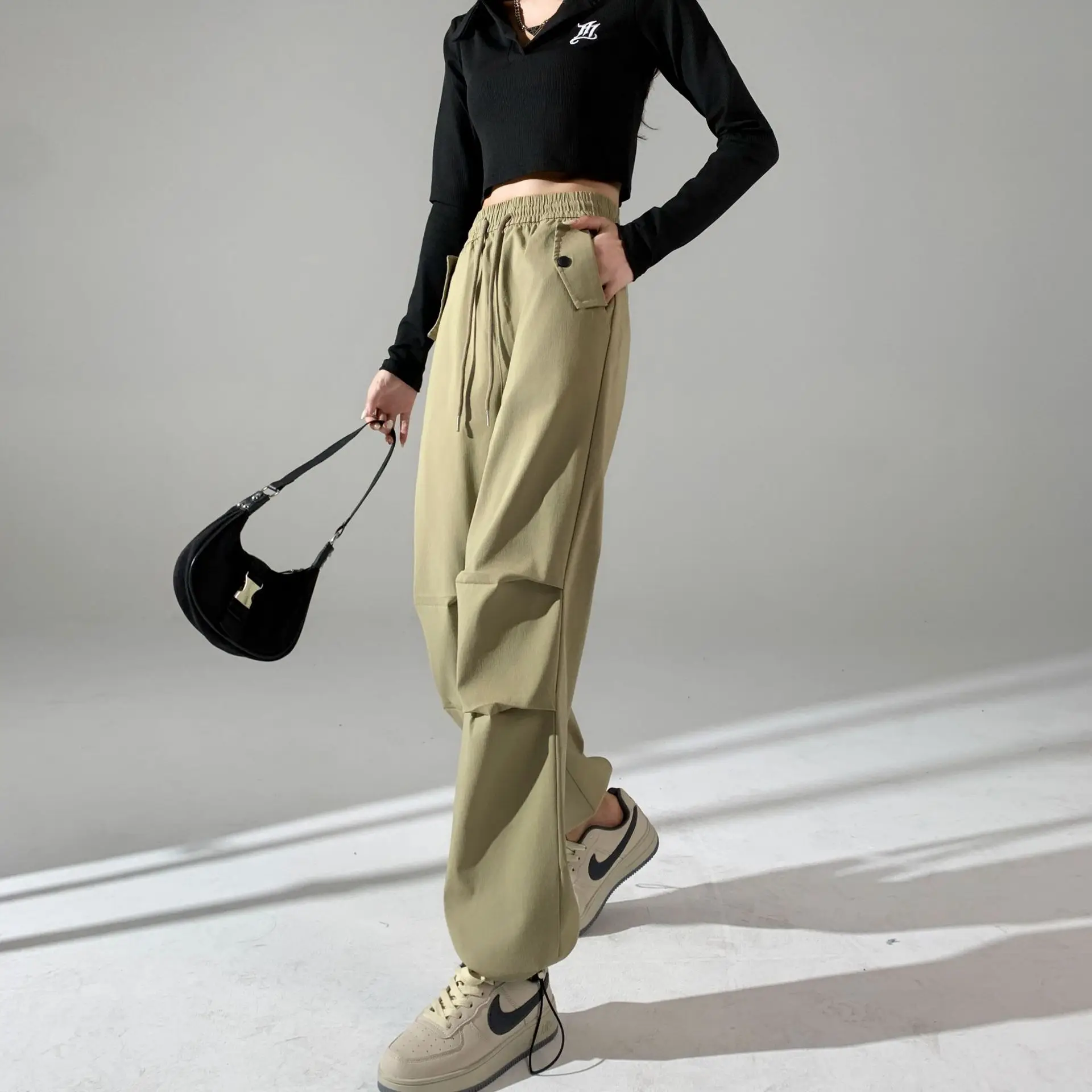 Autumn and Winter New Cotton Twill Loose Thin Pants Women's American Double Wear Pleated Cargo Casual Pants