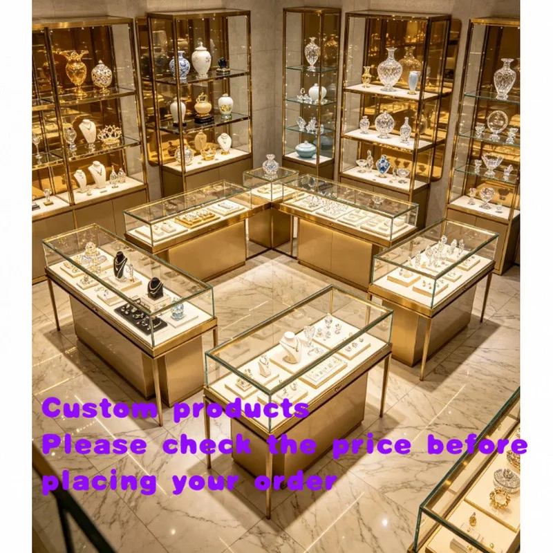 custom.Bespoke Eco-Friendly Heavy Duty Glass Showcase Kiosk with Internal LED Lighting and Lock Luxury Jewelry Retail Showro