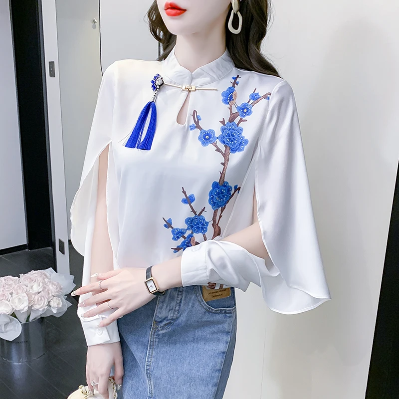 Chiffon Women\'s Shirts Summer 2023 New Floral Chinese Style Blouses Loose Long Sleeves Hollow Top O-Neck Clothing