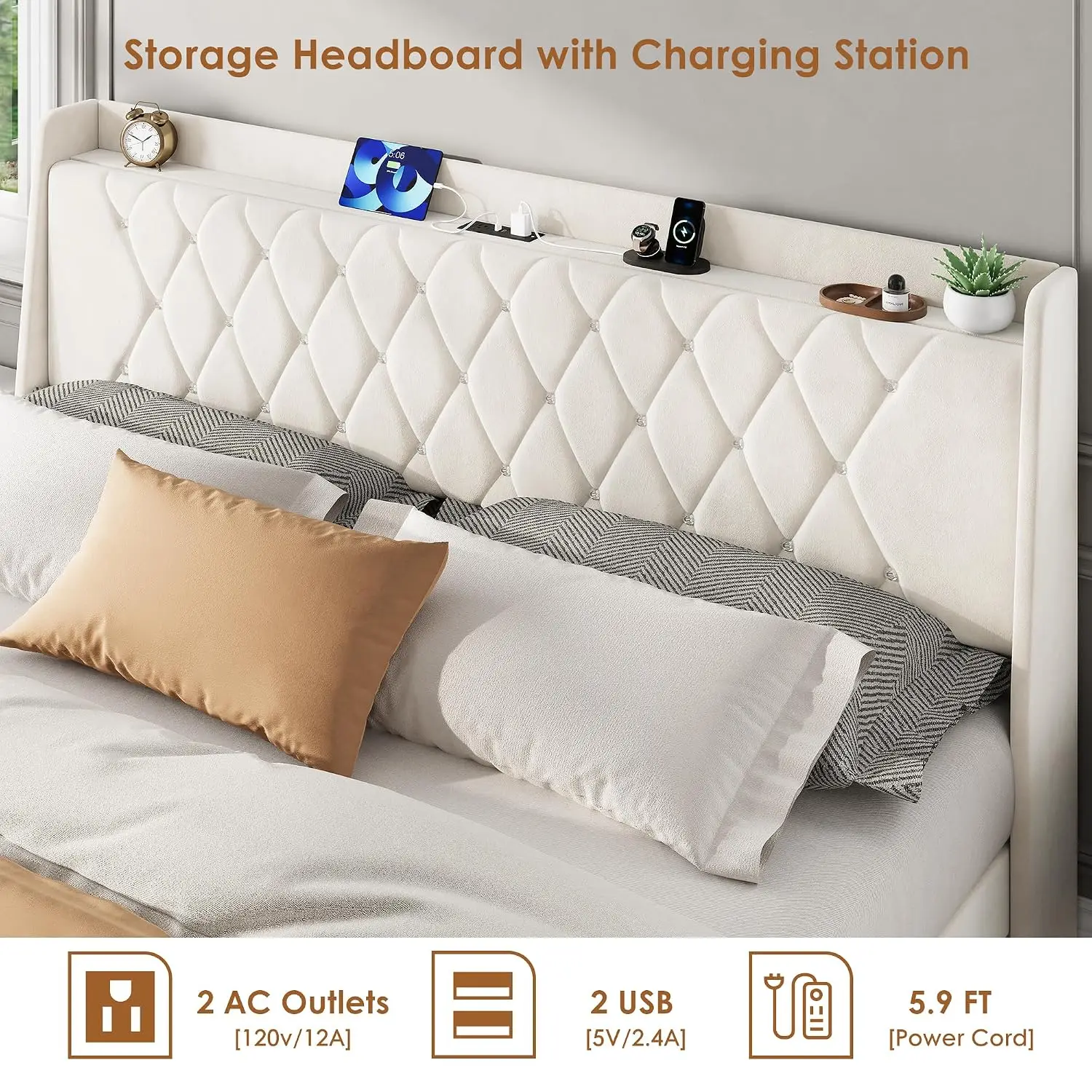 Velvet King Platform Bed with Tufted Headboard, Storage Drawers, USB Charging, Noise-Free, Ivory, Customized