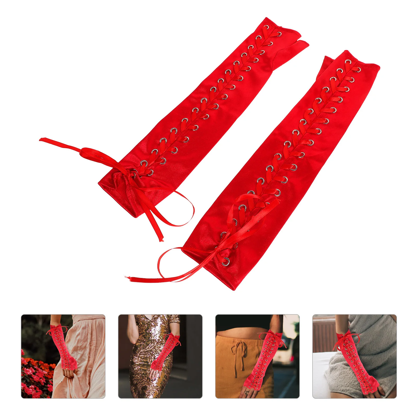 

1Pair Satin Ribbon Gloves Steampunk Style Adjustable Lace-Up Masquerade Party Long Fingerless Punk Costume Accessories