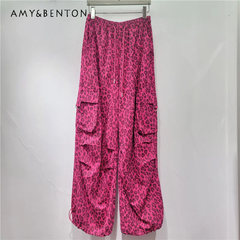 

2025 Summer New Leopard Print Overalls Slacks Women's Personality Folding Pants Drawstring Large Pockets Elastic Waist Trousers