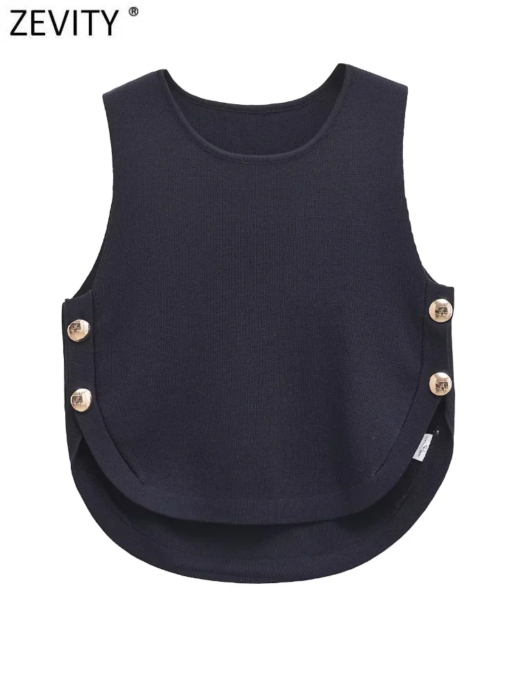 Zevity 여성 패션 O넥 민소매 사이드 버튼 뜨게 조끼 스웨터, 여성 시크 조끼 풀오버 상의, SW7161