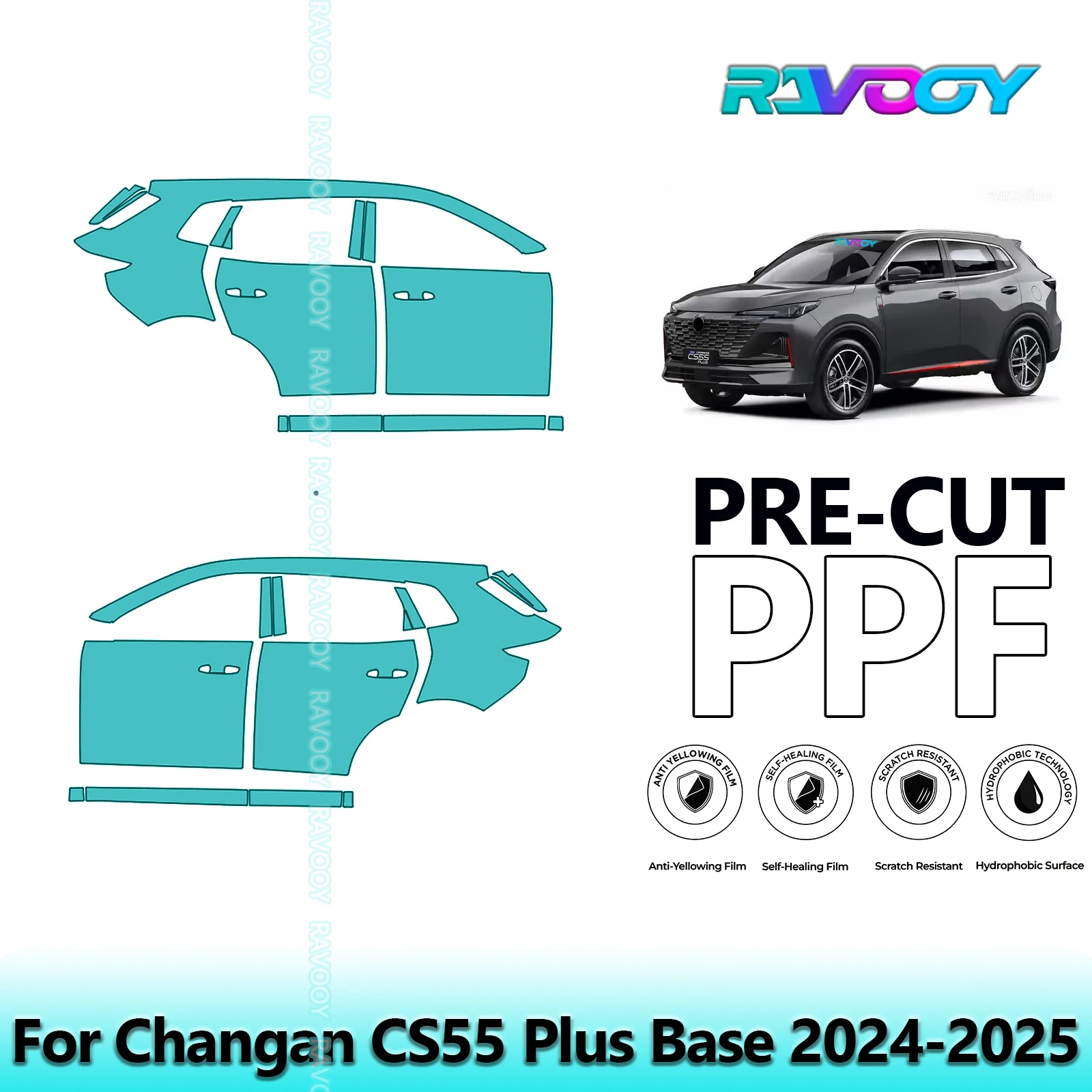 

For Changan CS55 Plus Base 2024-2025 8.5mil Clear Matte Pre-Cut PPF Door & A/B Pillar Kit TPU Paint Protection Film Set