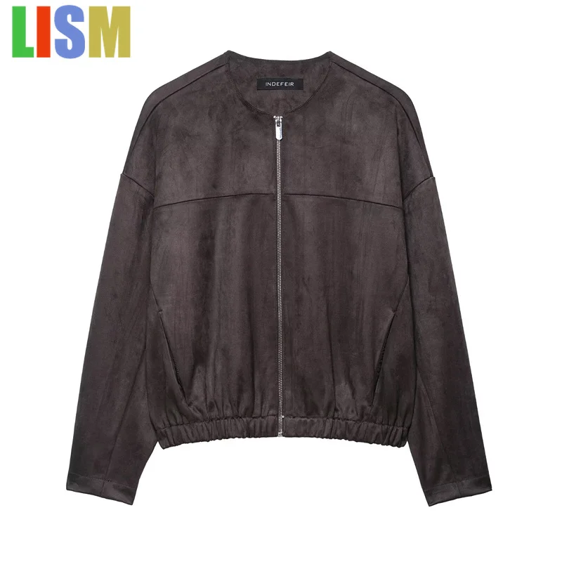 

LISM Women's Jacket New Fall 2025 Dark Brown Long Sleeve Suede Effect Winter coat female Casual Fashion Personality Versatile