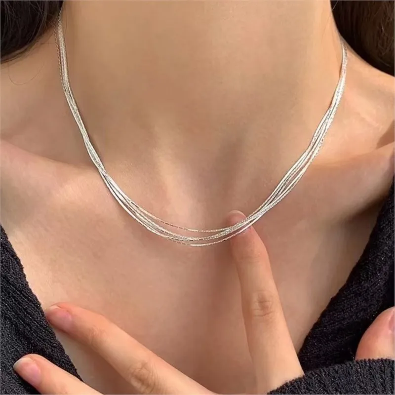 New Korean Style 925 Sterling Silver Jewelry Superfine Multi-layer Snake Bone Nude Bamboo Clavicle Chain Necklaces XL110