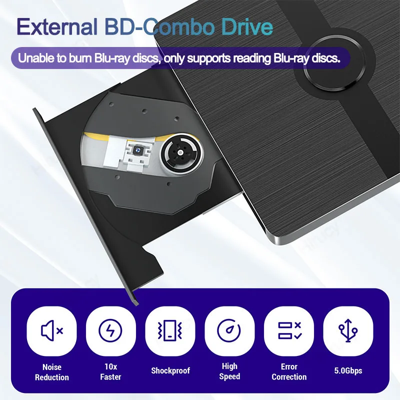 Внешний привод Blu-ray DVD USB 3.0 Портативный 3D BD-Combo Оптические приводы CD DVD-плеер Устройство чтения для ноутбуков ПК Windows 11 Mac