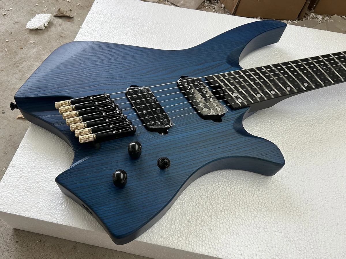 High Quality Headless Fanned Frets Matte Blue 7 Strings Electric Guitar Ebony Fretboard Ash Body Factory Customizable