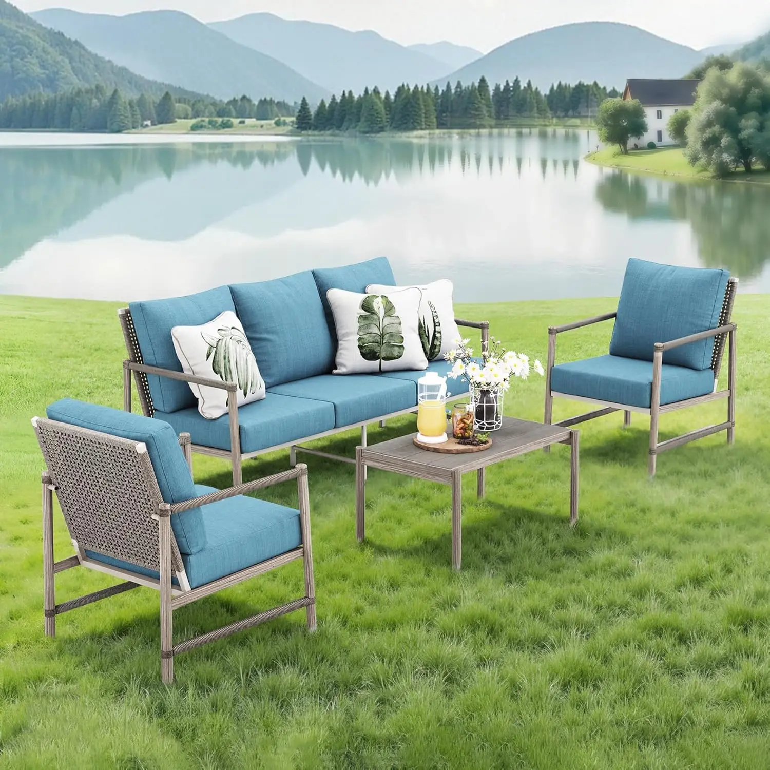 

Sophia & William 4-Piece Outdoor Wicker Patio Conversation Set, 3-Seat Sofa, 2 Fixed Sofa Chairs, 31" Coffee Table, All-Weather