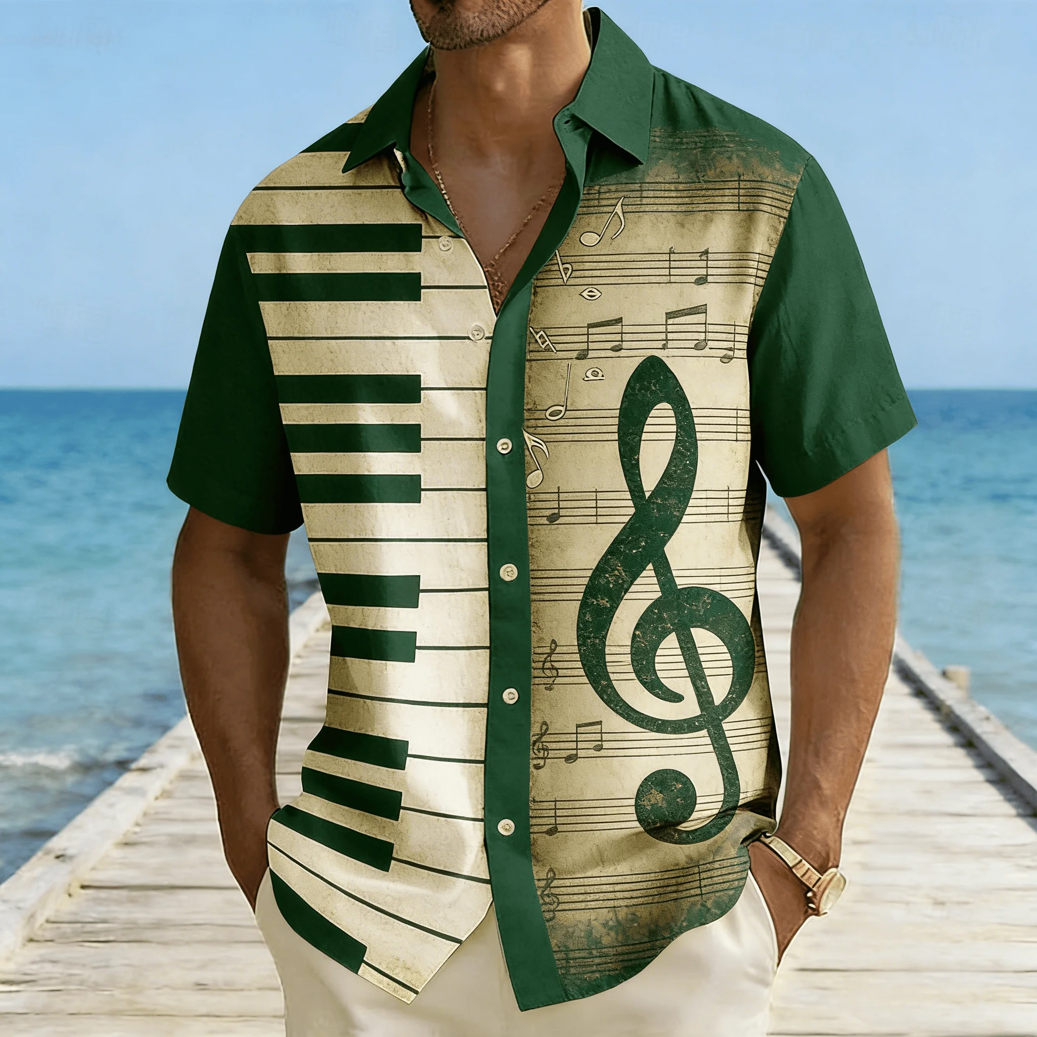 

Men's Split Piano & Treble Clef Print Short Sleeve Shirt, Music Note Sheet Design Button Down for Spring Summer Casual
