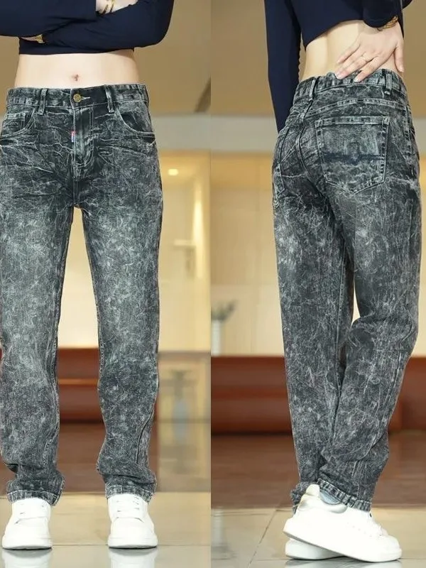 High-End Snowflake Pattern Men's Jeans Straight Leg Retro Washed Casual Trendy Long Pants Middle Waist Slim Fit Jeans