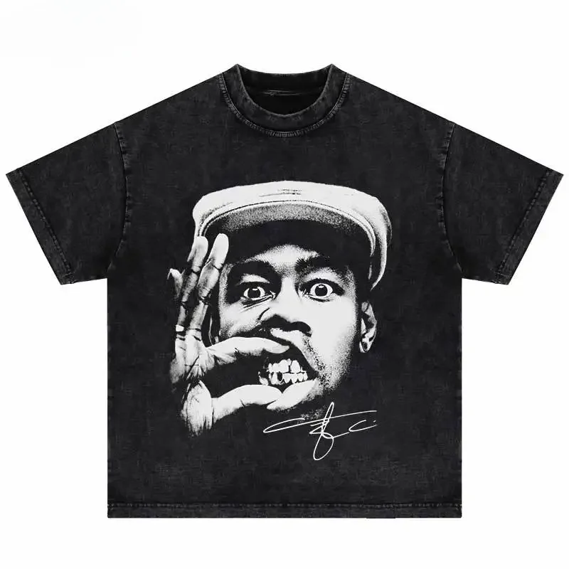 Streetwear Washed T Shirt High Quality Cotton T-shirt Oversized Vintage Hip Hop Portrait Short Sleeve Top Loose Men Harajuku tee