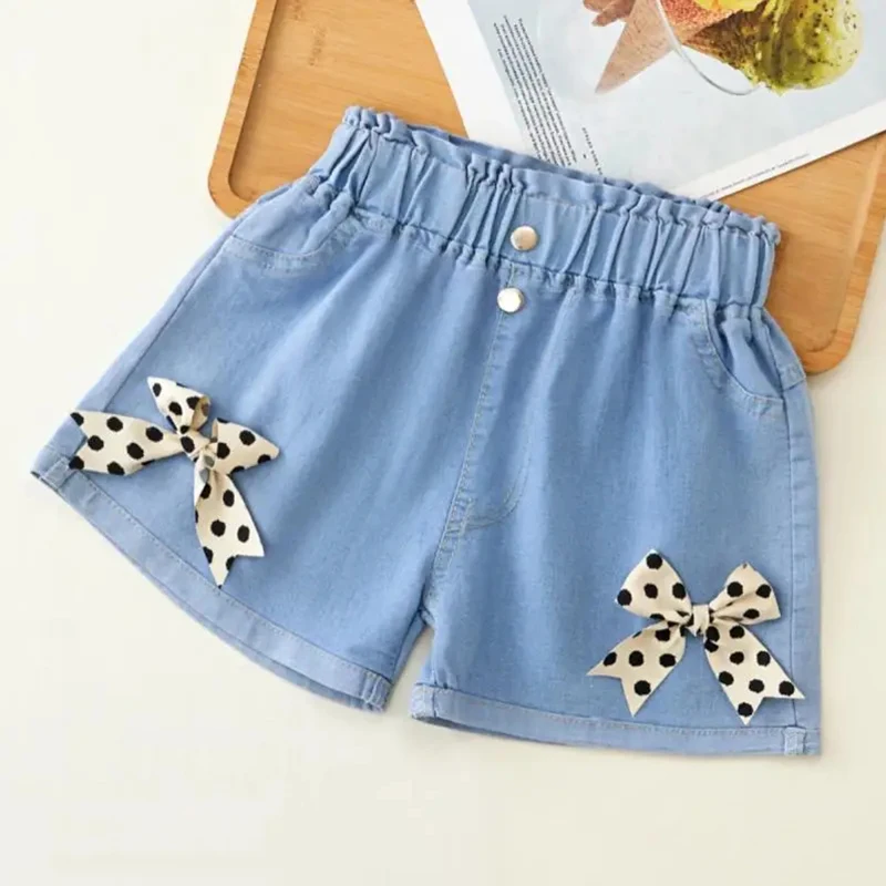 2024Girls Summer New Thin Denim Shorts Sticker Bow Rabbit Cartoon Cute Loose Shorts Fashion Versatile Denim Pants for 2-12 Years