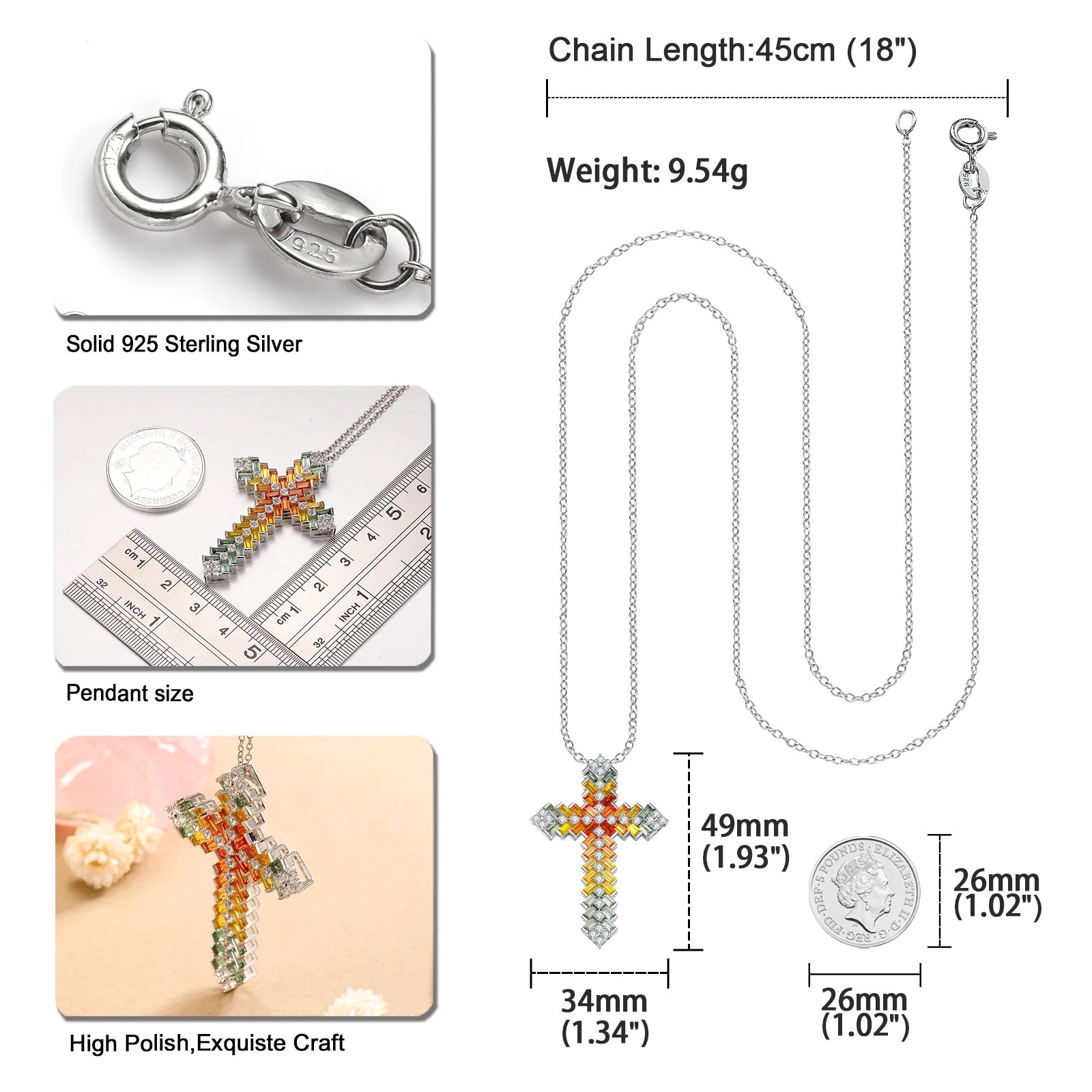 GZ ZONGFA 925 Sterling Silver Colorful Cross Necklace for Women 6.5ct Created Colorful Gemstone Sapphire Necklaces Fine Jewelry