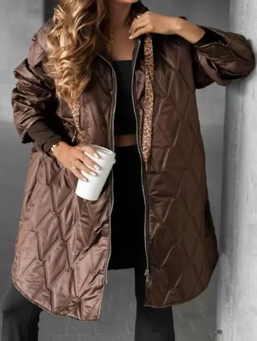 

New Fashion Diamond Grid Loose Warm Windproof Jacket for Autumn and Winter, Women's Casual Lace Up Hooded Loose Jacket