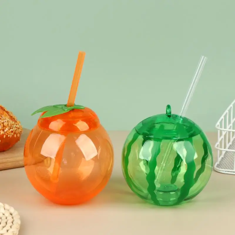 1/3Pcs Fruit Shaped Plastic Cup With Straw Cute Orange Watermelon Drinking Bottle For Summer Beach Party Home Use Beverage Cup