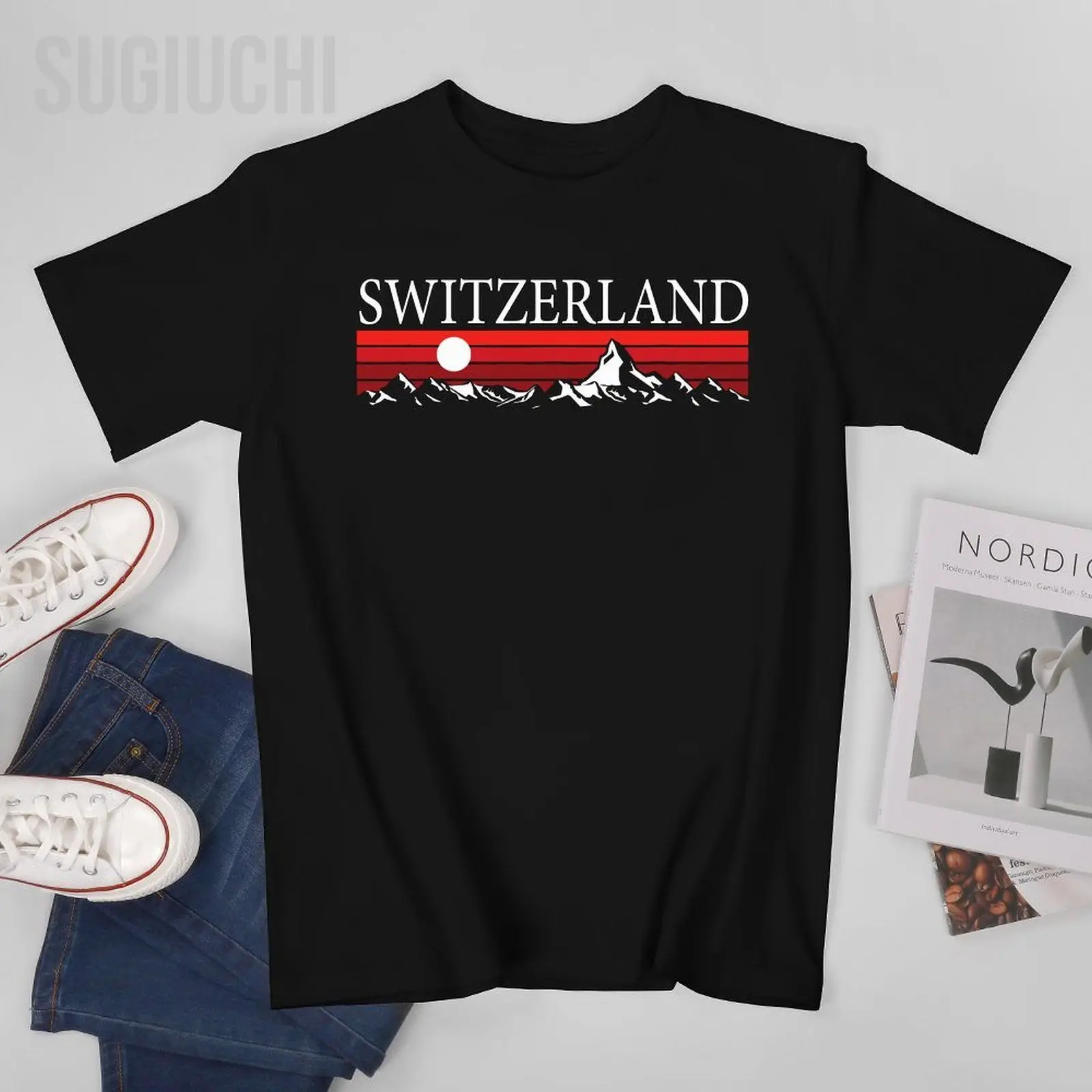 Unisex Men Swiss Alps And Red Sunset Switzerland Mountains Tshirt Tees O-neck T Shirts Women Boys 100% Cotton T-Shirt