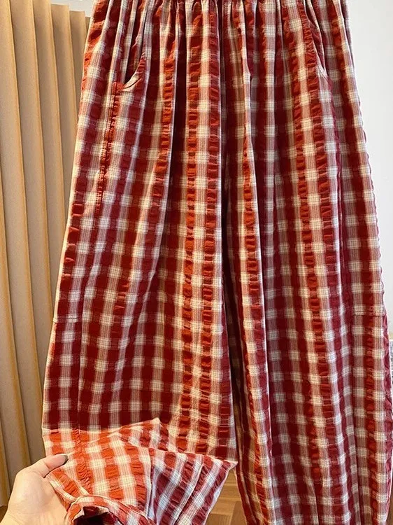 2025 New Vintage Summer Plaid Wide Leg Pants Women's High Waist Loose Slimming Thin Casual Straight Leg Trousers Trendy