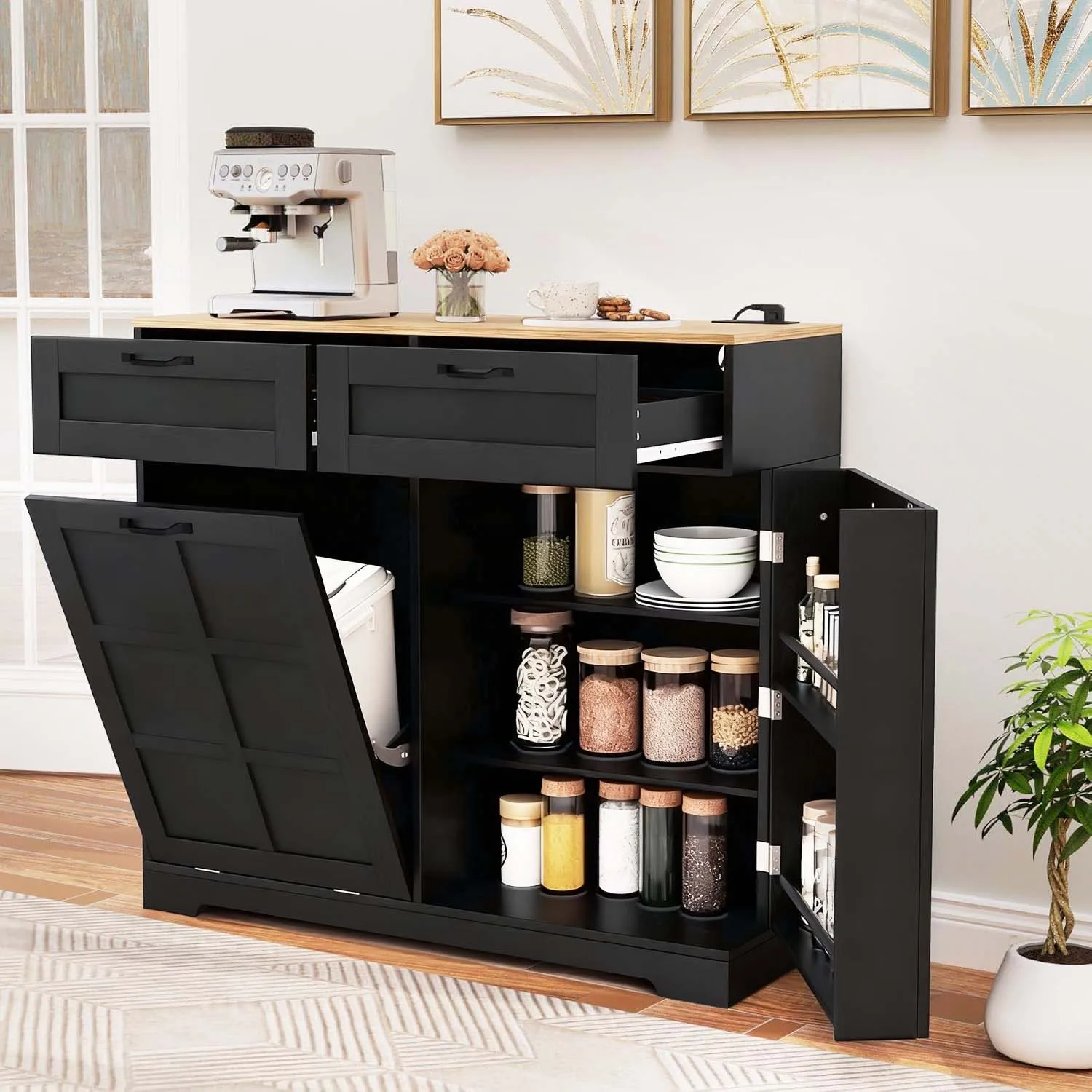Wood Look Top Matte Black Modern Dining Sideboard Buffet Coffee Bar Cabinet 3 Drawers Concealed Tilt-Out Trash Bin Adjustable