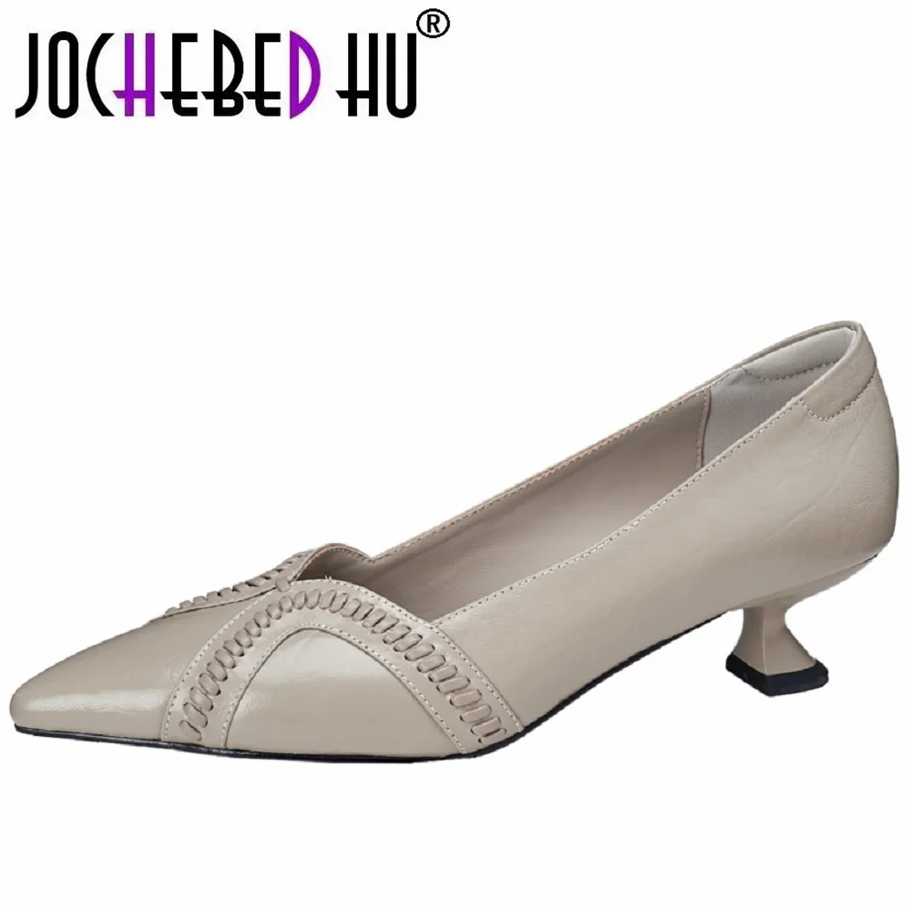 

【JOCHEBED HU】Handmade Soft Genuine Leather Mid Heels Women's Professional Shoes New Style Versatile Pointed Toe Thick Work