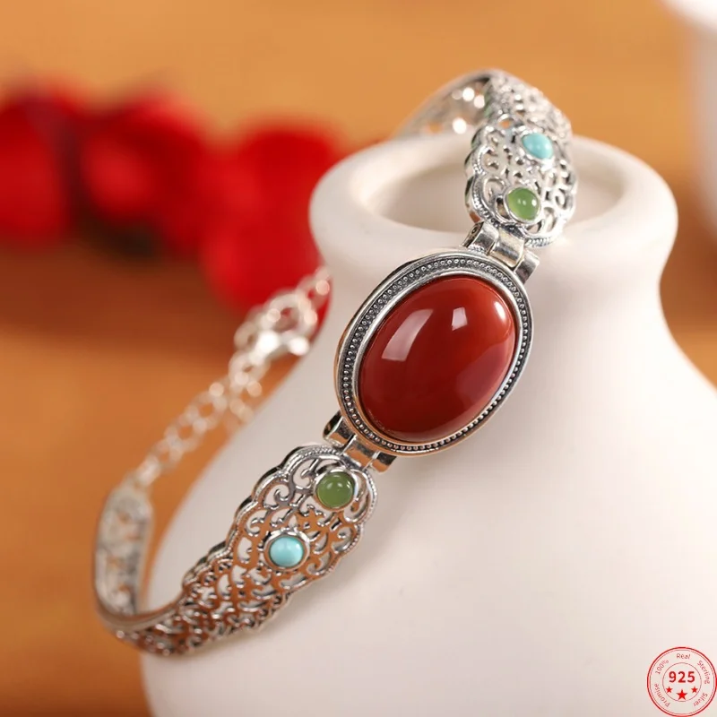 

S925 Sterling Silver Bracelet for Women New Fashion Hollow Eternal Rattan Agate Ethnic Style Bangle Jewelry Free Shipping