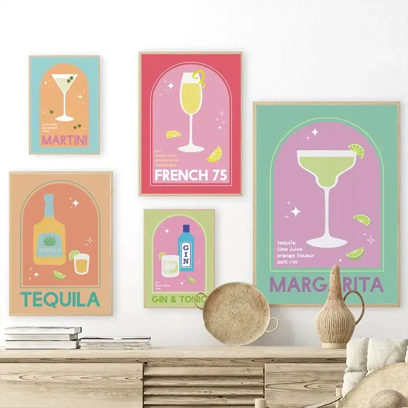 Cocktail Martini Gin Champagne Tequila Wall Art Canvas Painting Nordic Posters and Prints Wall Picture for Bar Living Room Decor