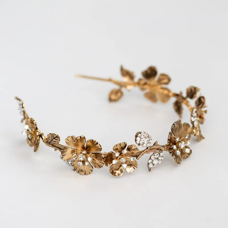 

Vintage Gold Color Flower Women Crown Bridal Tiara Hairband Handmade Rhinestone Wedding Prom Hair Accessories