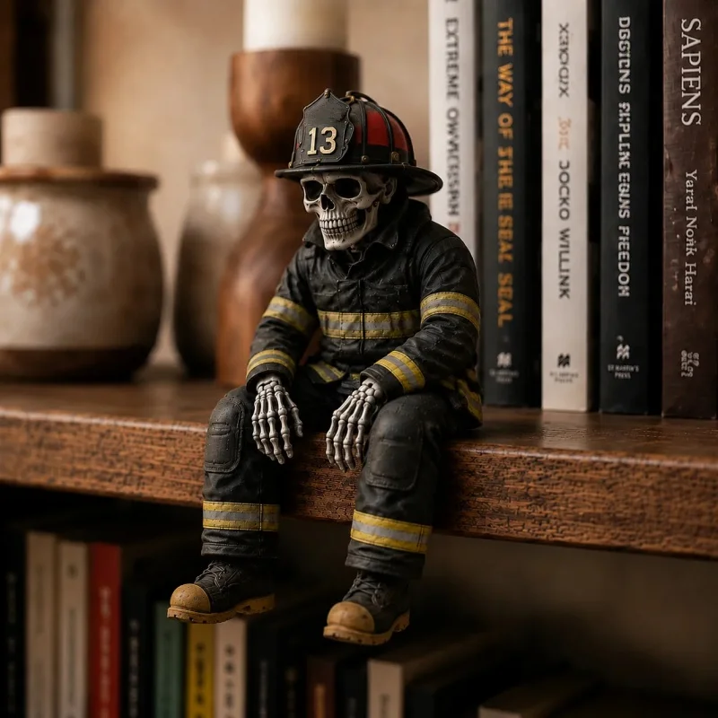 Resin Skeleton Firefighter Shelf Sitter Halloween Skull Fireman Figurine in Sitting Pose Creative Desk Bookshelf Decor Ornament