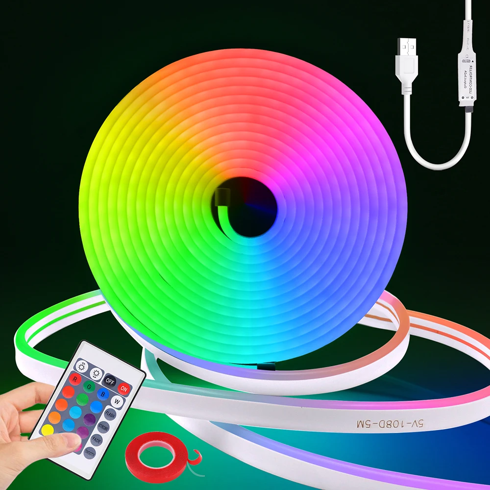 DC 5V USB RGB Neon LED Strip IP67 Waterproof 108LEDs/m Flexible Ribbon Tape with Remote Control for Home Room Decoration