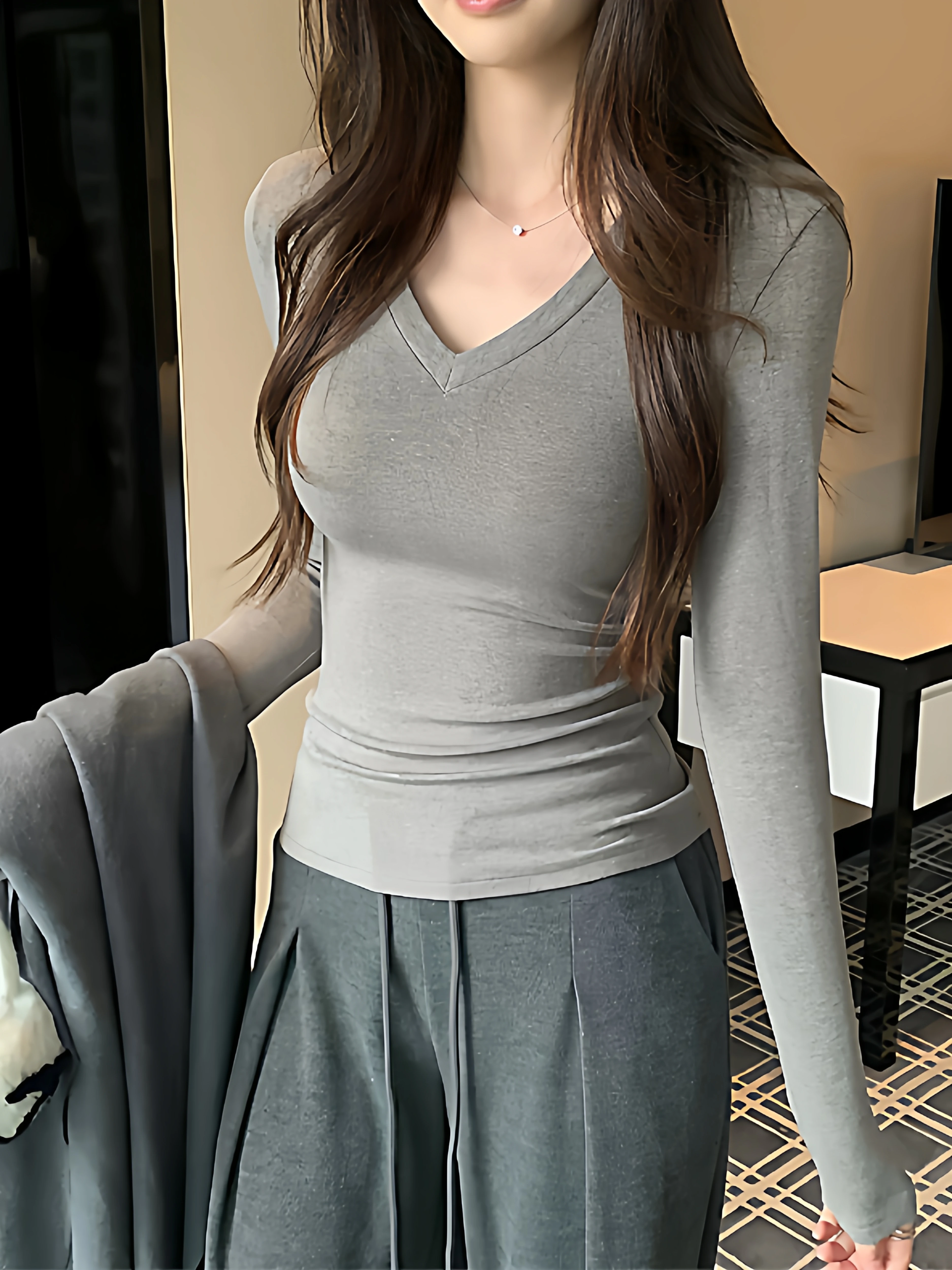 Women's Long Sleeve V-Neck T-Shirt 95 Cotton Slim Fit Base Shirt Shoulder Width Regular Cotton Polyester Blend Autumn Top