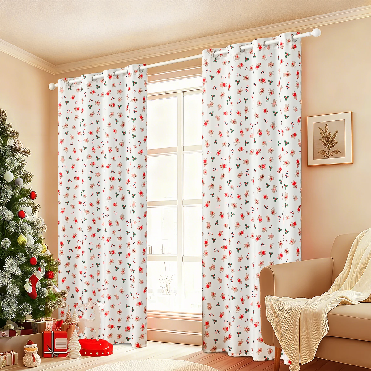 2PCS Christmas Sweet House Printed Grommet Curtains, Suitable for Christmas Festival Curtain Decoration and Embellishment