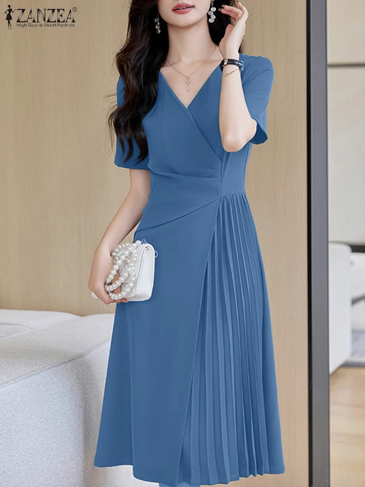 ZANZEA Elegant V Neck Party Dresses 2024 Summer Women Korean Fashion Solid Color Vestidos Short Sleeve Pleated Draped Midi Dress