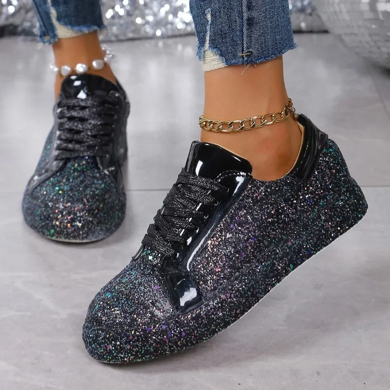 Women\'s glitter, vulcanized casual ostentatious shoes, platform with mesh cords, comfortable, large size, women\'s fashion, 2024