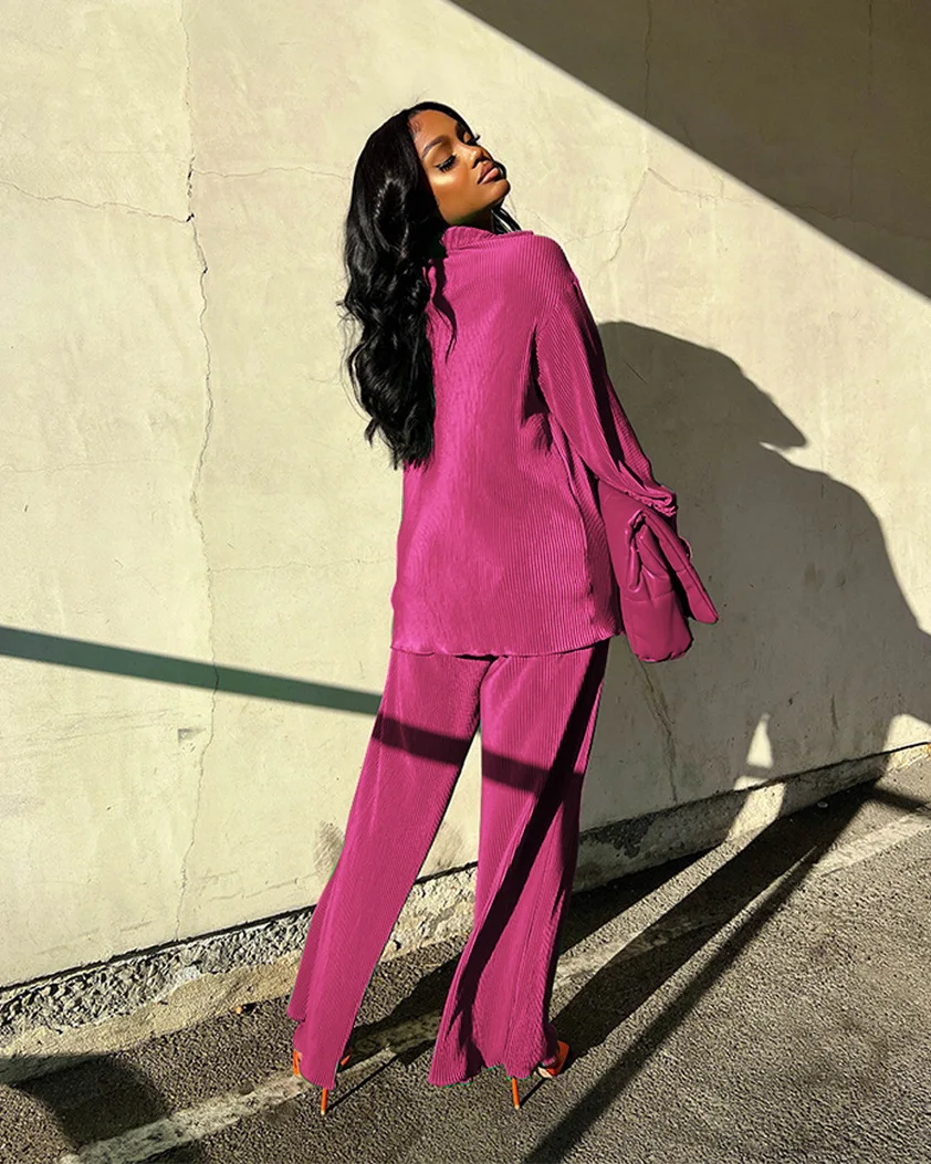 Pleated Solid Women Set Long Sleeve Shirts and Straight Wide Leg Pants Suits Tracksuit Two Piece Set Fitness Outfits