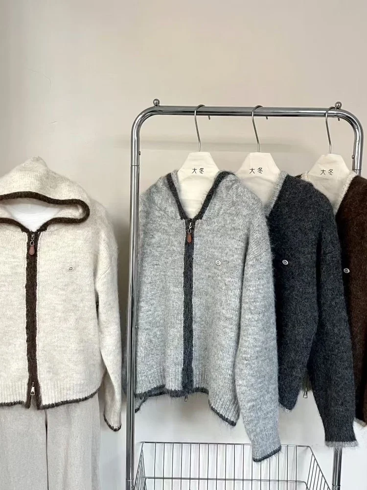 الكورية Sle لينة Plu يشعر تقسم اللون مقنعين سترة مشغولة من الصوف أوائل الخريف تصميم الصدر قطعة حديد صغيرة المرأة جا... #5