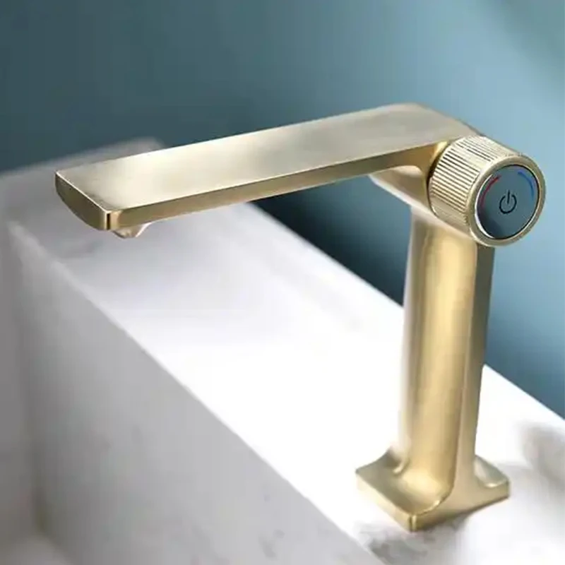 Brushed Gold Art Design Basin Faucet Hot and Cold Push Touch Button Faucet Bathroom Sink Basin Mixer Taps