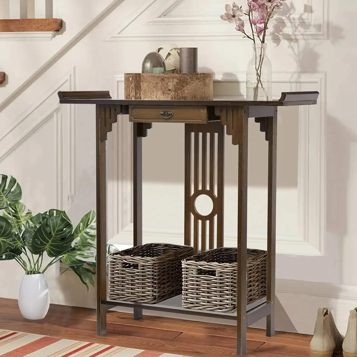 Narrow Console Table for Entryway 32in Brown Bamboo Hallway Table with Drawer for Living Room Bedroom