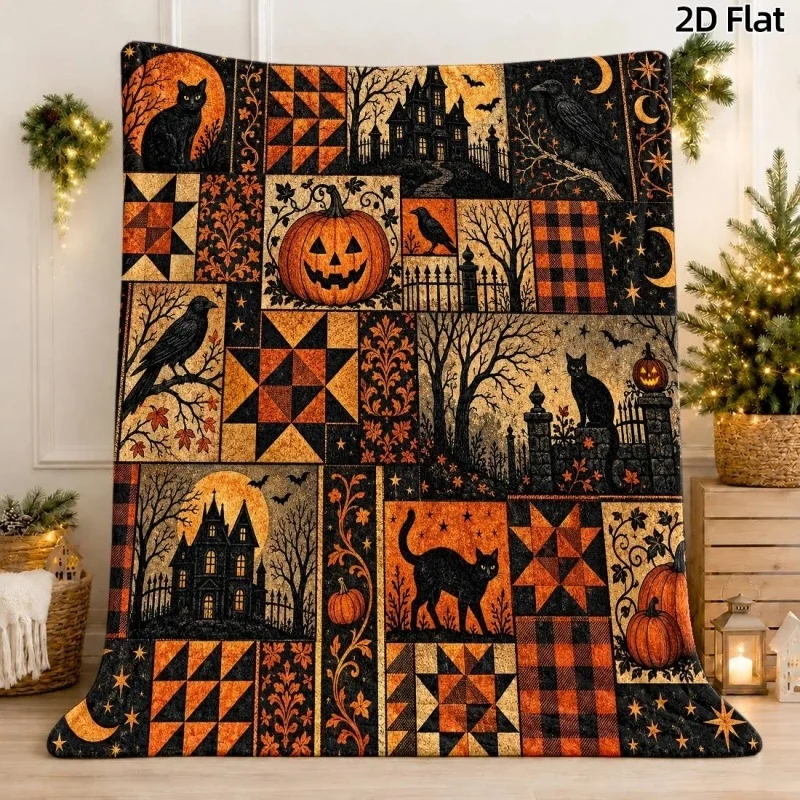 Halloween Haunted House Pumpkin Flannel Throw Blanket, Moon Bat Night Scene Print Warm Blanket for Sofa Bed Holiday Decor