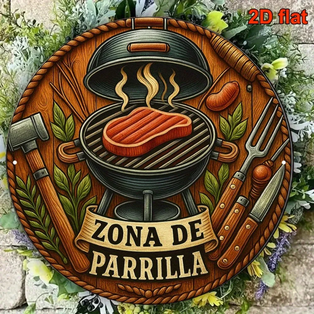 Vintage Retro BBQ Area Metal Sign  Round Aluminum Plaque for Outdoor Kitchen Bar Garage Garden Bar Home Decor Birthday Gift