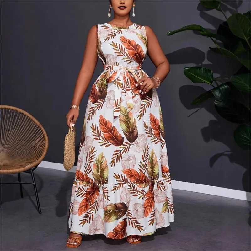

Women's Clothing Dress Summer Fashion Round Neck Long Dress Floral Print Sleeveless High Waist Gown Elegant Maxi Dresses