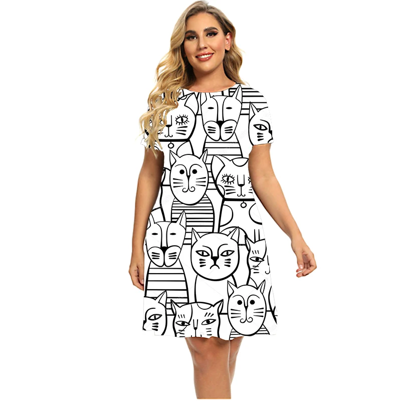 Funny Cat Painting Pattern Print Dresses Women Short Sleeve Round Neck A-Line Dress Summer Fashion Clothing Plus Size Dress 6XL