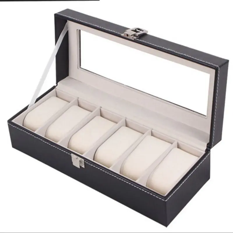 WELLZONE-vitrina de reloj de 6 posiciones para hombre, caja organizadora de reloj de cuero PU, soporte de almacenamiento de colección de relojes