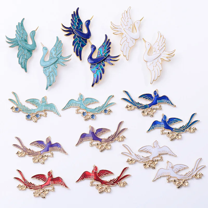 Antique Hanfu DIY hair accessories, hair crown, walking alloy accessories, dripping oil, symmetrical flying bird with circle, cr