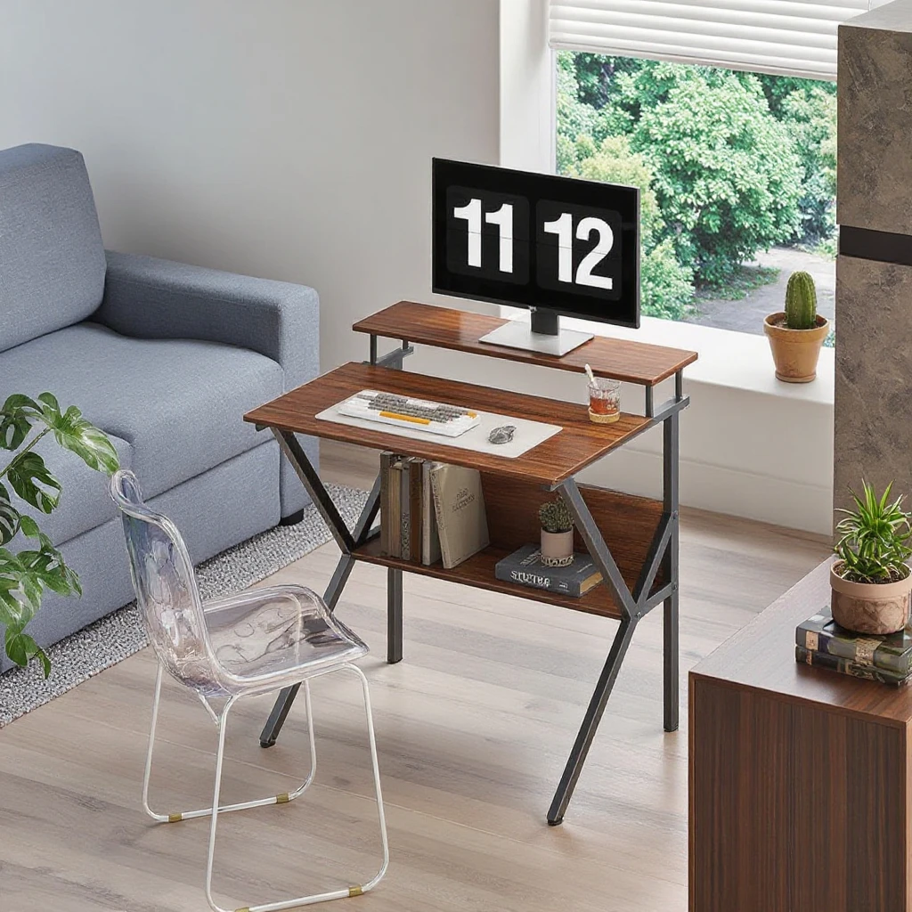 Original Manufacturer Sturdy Multi Purpose 3 Tiered Wood & Metal Computer Desk With Monitor Stand For Living Room Small Place