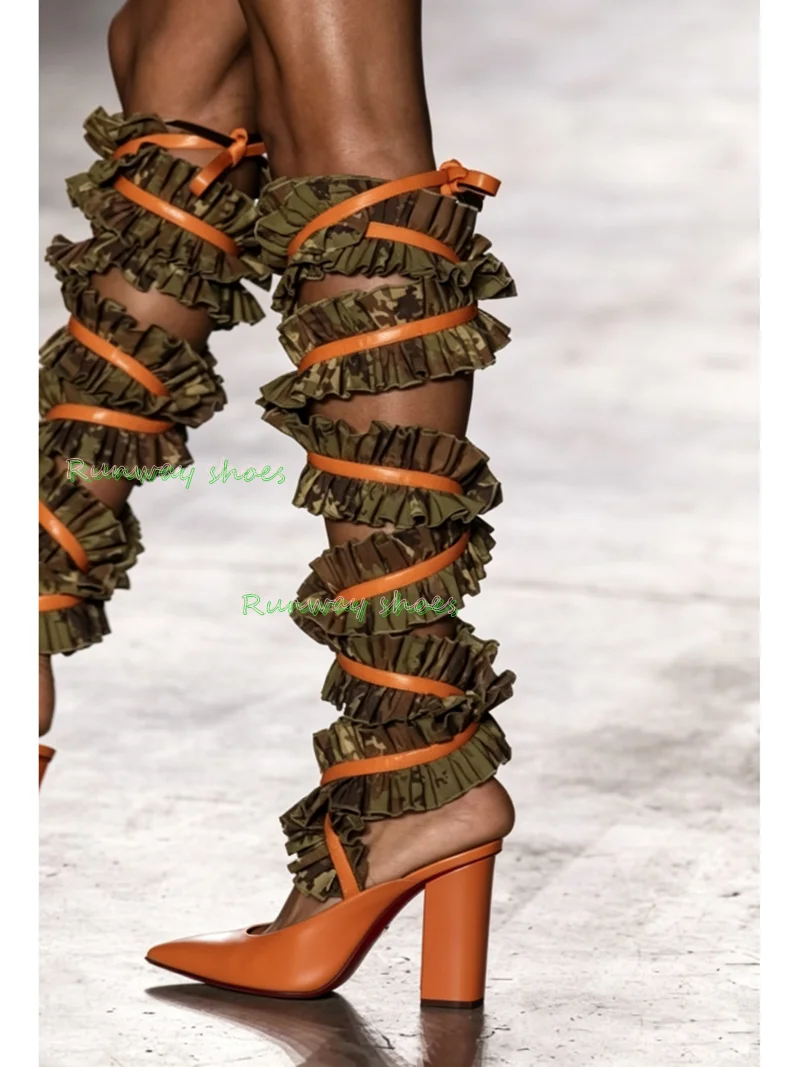 Orange Block Heel Pumps Green Ruffle Lace‑Up Knee High Boots Pointed Toe Wrap Strap Runway Show High Heels  Fashion Women Shoes