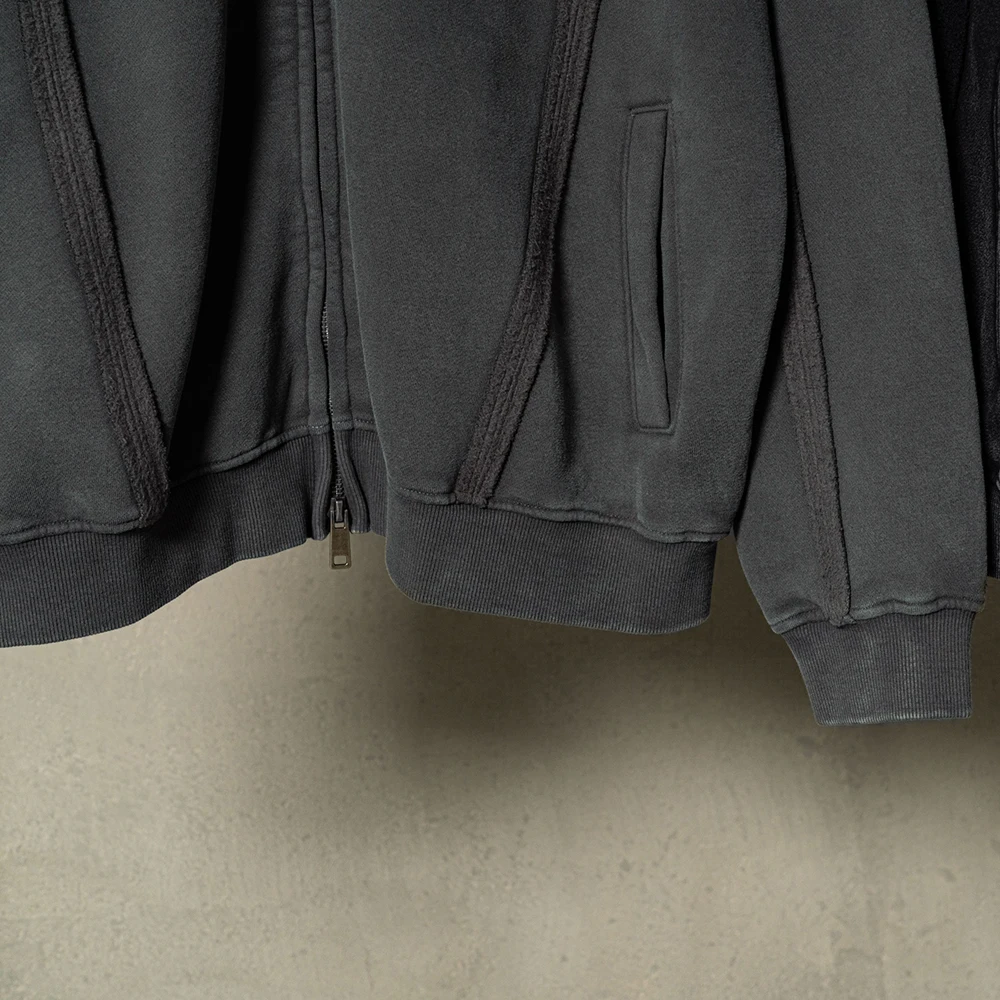 2025 Autumn and Winter Fashion Vintage Wax Printed Fleece Zip Up Sweatshirt Men's Plus Velvet Distressed Zippered Hoodie Coats